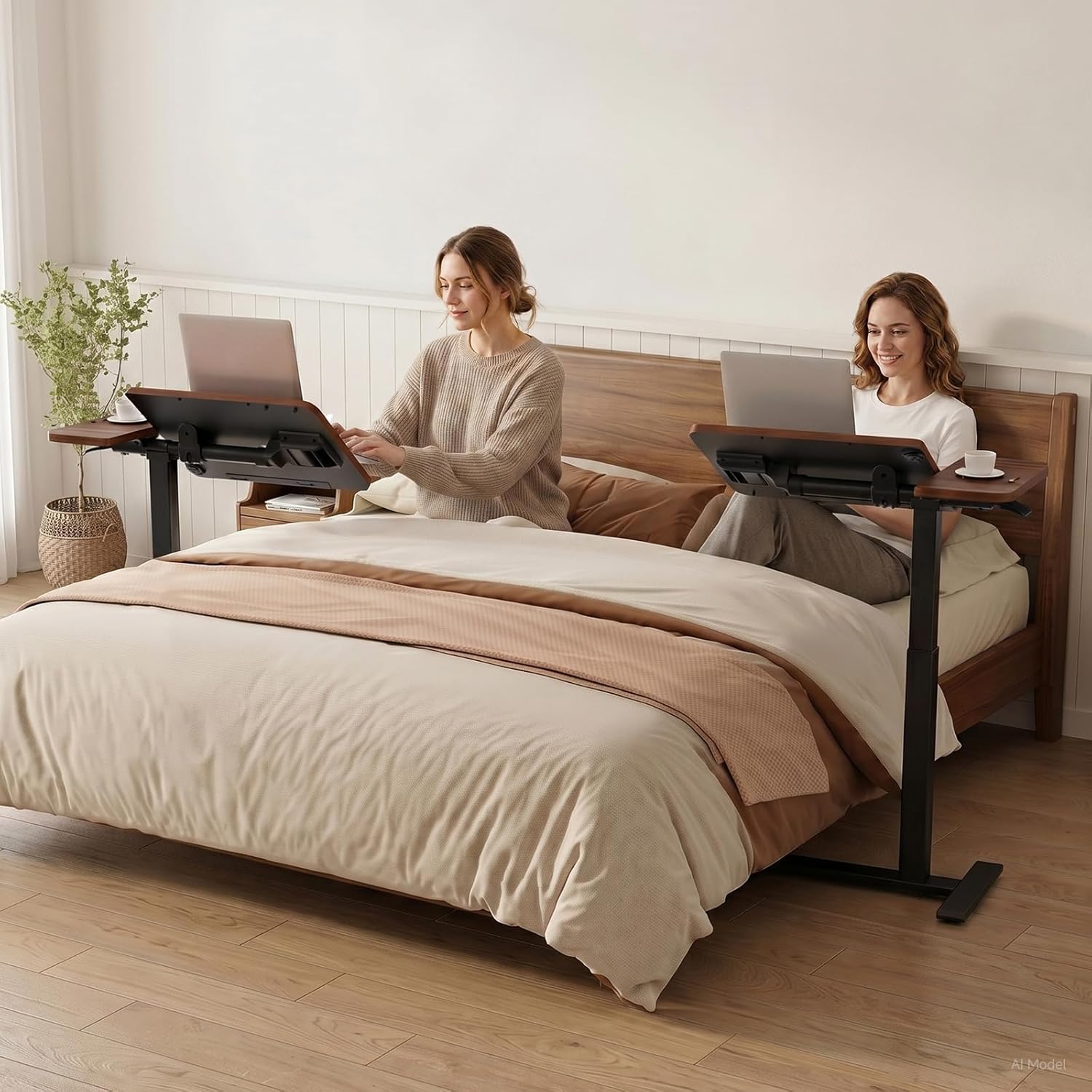 GTPLAYER Pneumatic Adjustable Standing Desk, 28 Inch Tiltable Mobile Rolling Laptop Table with Wheels, Overbed Bedside Table Computer Workstation for Home Office, Walnut