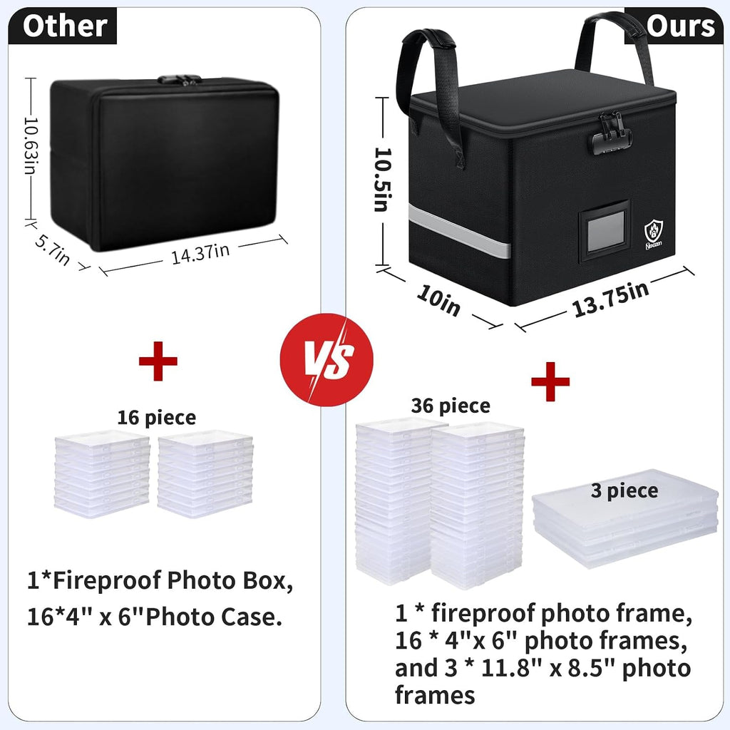 Fireproof Photo Storage Box with Lock, Holds 36 Inner 4"x6" and 3 Large 8"x12" Photo Cases, Waterproof Picture File Organizer, Portable Photos Boxes Containers for Valuables, Photos, Crafts, Documents