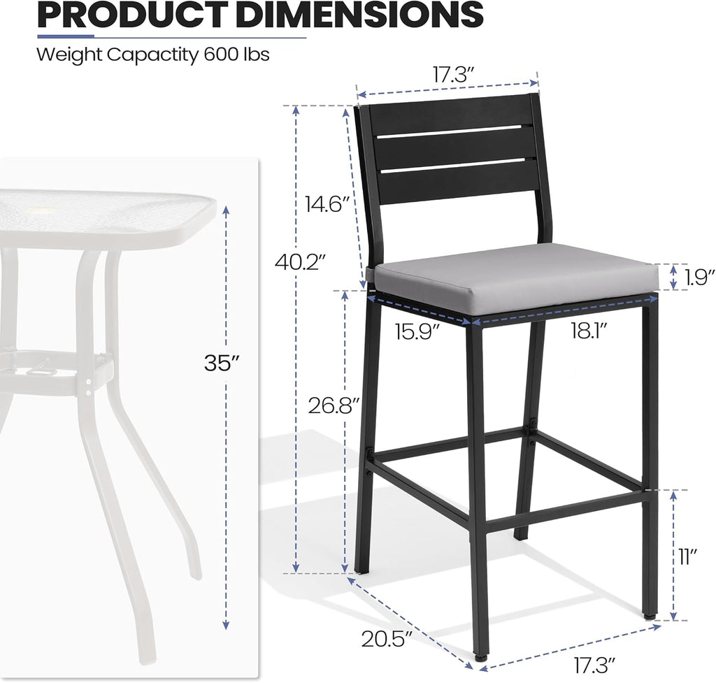 Crestlive Products Outdoor Bar Stools Set of 2, Patio Counter Height Barstools with Cushions, Tall Chairs with Back and Footrest for Deck, Lawn, Garden, Backyard, Poolside, Or Indoor Use (Light Gray)