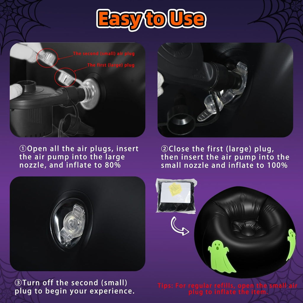 Inflatable Bean Bag Chair Sofa for Kids with Ghost Pattern Glow in the Dark, Blow up Air Lounge Chairs Furniture Couch for Camping Movie Night Party Halloween Decorations Decor