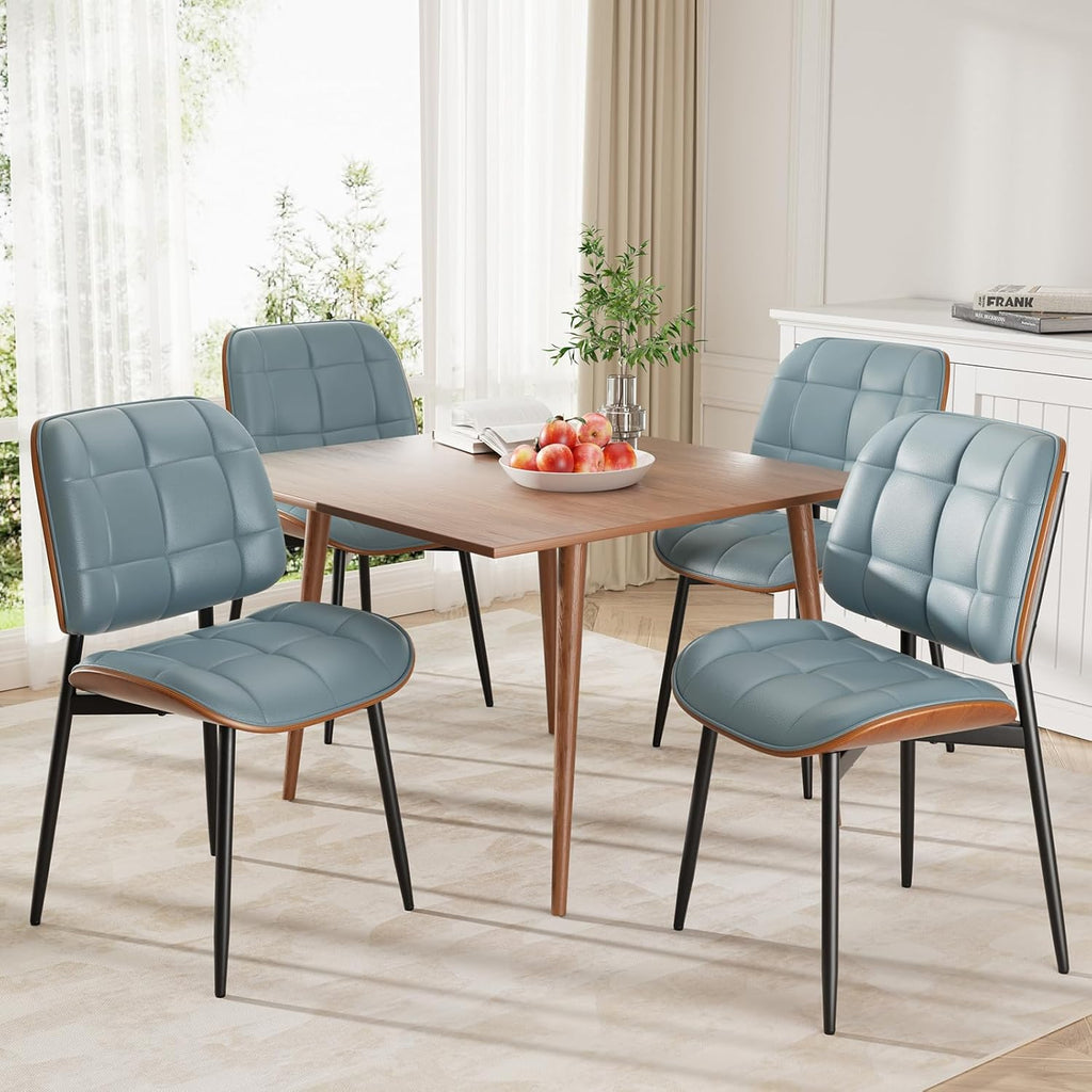 Dining Chairs Set of 4, Mid Century Modern Dining Room Chair with Thick Cushion, Upholstered Faux Leather Kitchen Chairs with Walnut Bentwood Back for Kitchen Dining Room, Blue