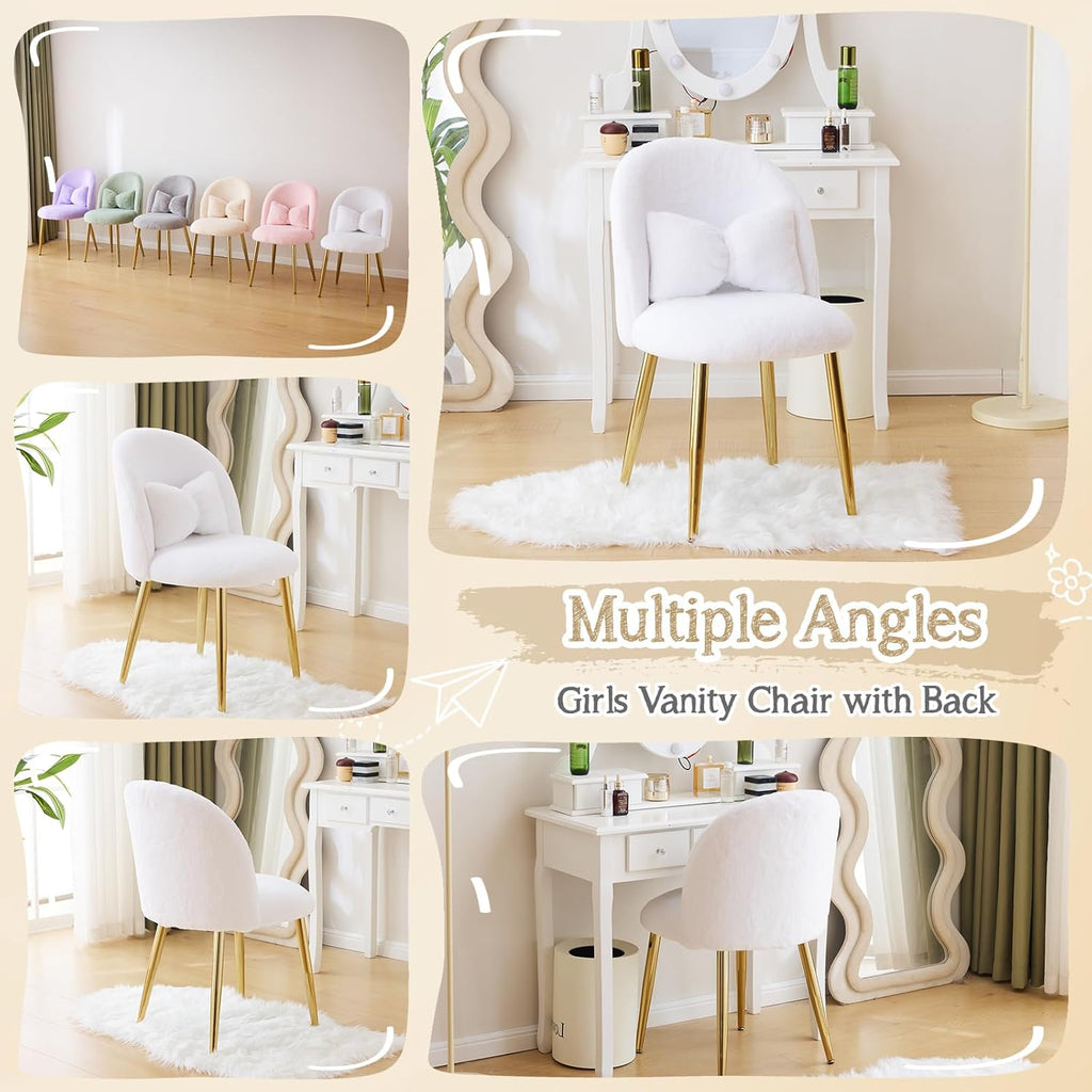 VINGLI Fluffy Girls Vanity Chair with Back & Pillow,Cute Small Cozy Desk Chair No Wheels,Comfy Makeup Ch with Ajustable Gold Legs,for Bedroom,Living Room,Small Space,White