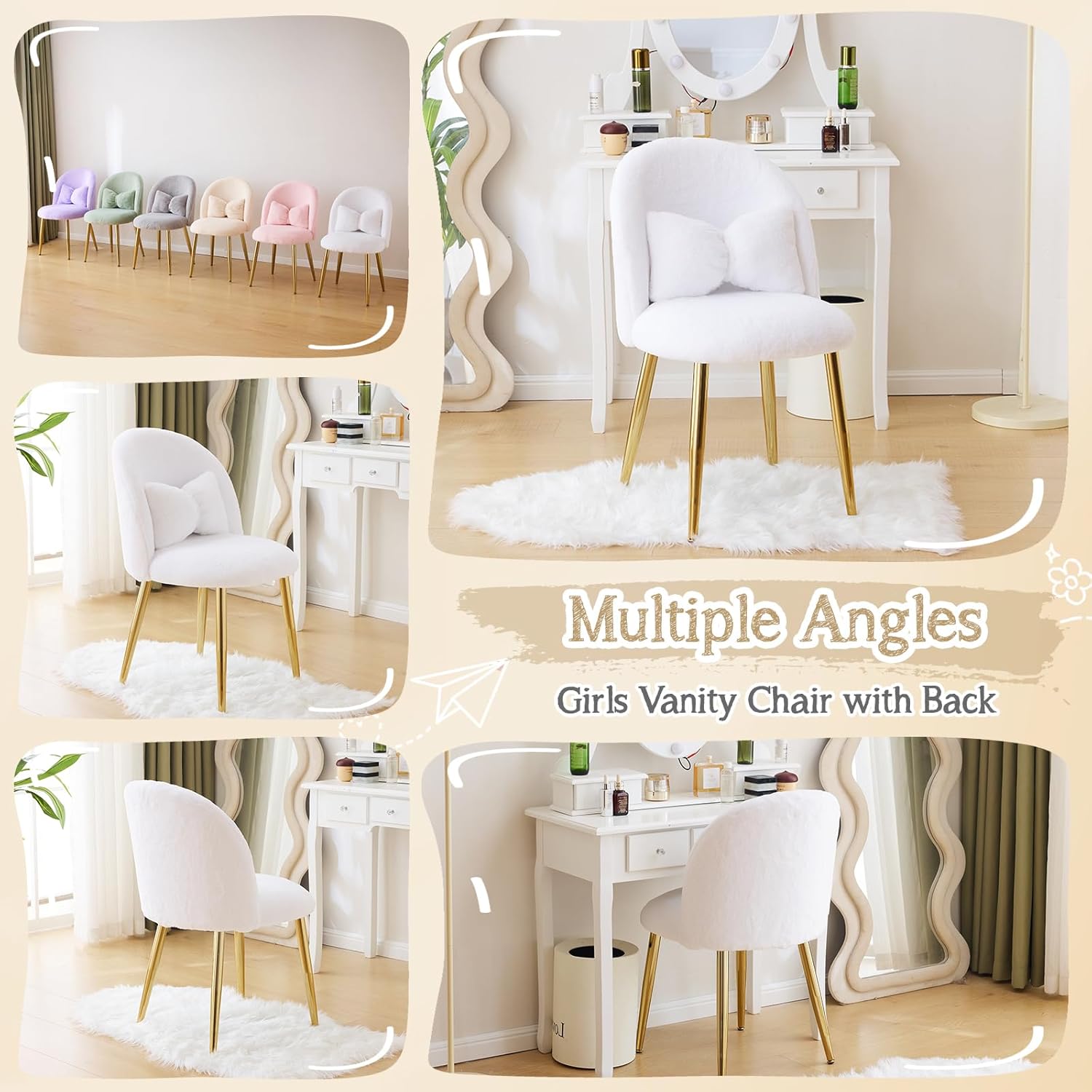 VINGLI Fluffy Girls Vanity Chair with Back & Pillow,Cute Small Cozy Desk Chair No Wheels,Comfy Makeup Ch with Ajustable Gold Legs,for Bedroom,Living Room,Small Space,White