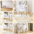 VINGLI Fluffy Girls Vanity Chair with Back & Pillow,Cute Small Cozy Desk Chair No Wheels,Comfy Makeup Ch with Ajustable Gold Legs,for Bedroom,Living Room,Small Space,White