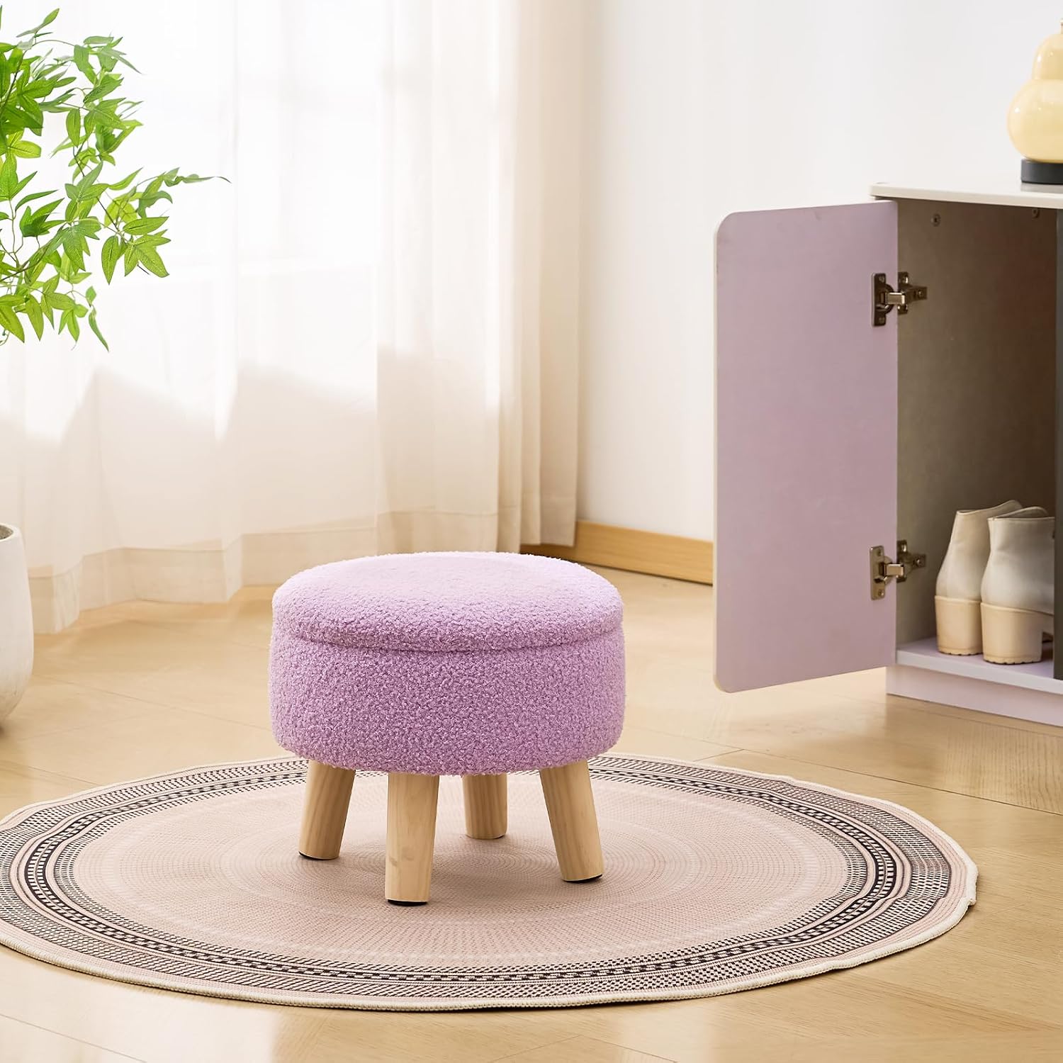 Wimarsbon Storage Ottoman, Modern Round Footrest with Soft Padded Seat, Teddy Velvet Footstool with Wood Legs, Accent Small Table or Plant Stand for Hallway, Living Room (Purple)