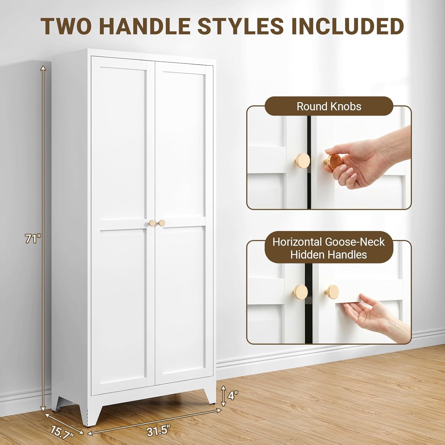 71" Tall Metal Kitchen Pantry Cabinet, Freestanding Steel Storage Cabinet with Doors, 4 Adjustable Shelves, for Dining Room, White