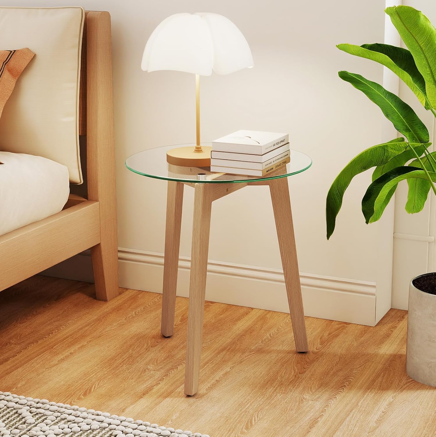 GOFLAME Glass End Table, 21” Round Couch Sofa Side Table with Solid Rubber Wood Frame & Tempered Glass Top, Modern Bedside Tables, Compact Circle Nightstand for Living Room, Bedroom, Natural (1)