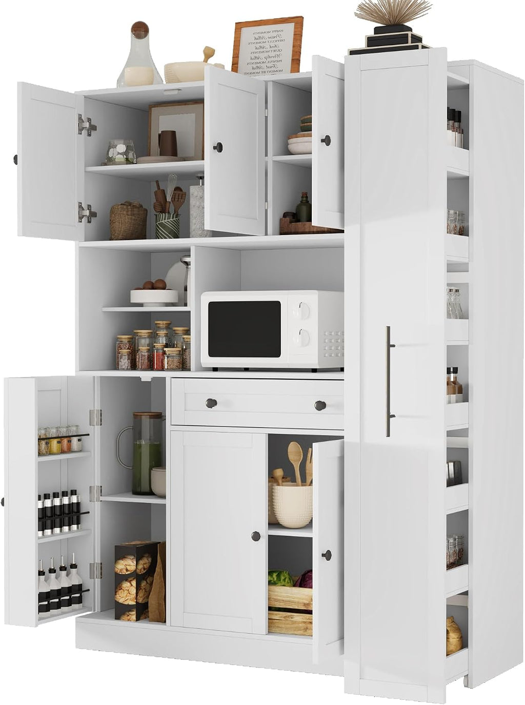Traditional Freestanding Kitchen Pantry with Pull-Out Side Cabinet, Door Shelves and Drawer, Large Buffet Sideboard Cupboard for Dining Room (White)