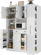Farmhouse Freestanding Kitchen Pantry with Pull-Out Side Cabinet, Door Shelves and Drawer, Large Buffet Sideboard Cupboard for Dining Room (White)