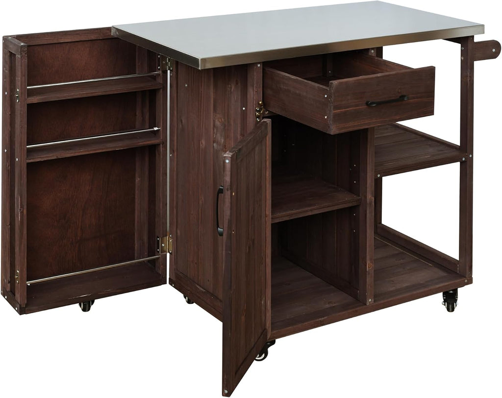 40 Natural Fir Wood Garden Table for Planting, Planter Bench with Stainless Top, Outdoor Storage Cabinets with Lockable Wheels for Backyard Gardening, Dark Brown