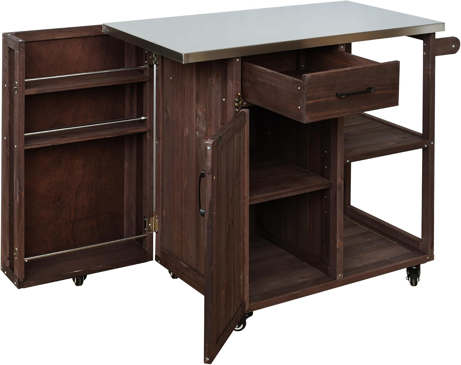 40 Natural Fir Wood Garden Table for Planting, Planter Bench with Stainless Top, Outdoor Storage Cabinets with Lockable Wheels for Backyard Gardening, Dark Brown
