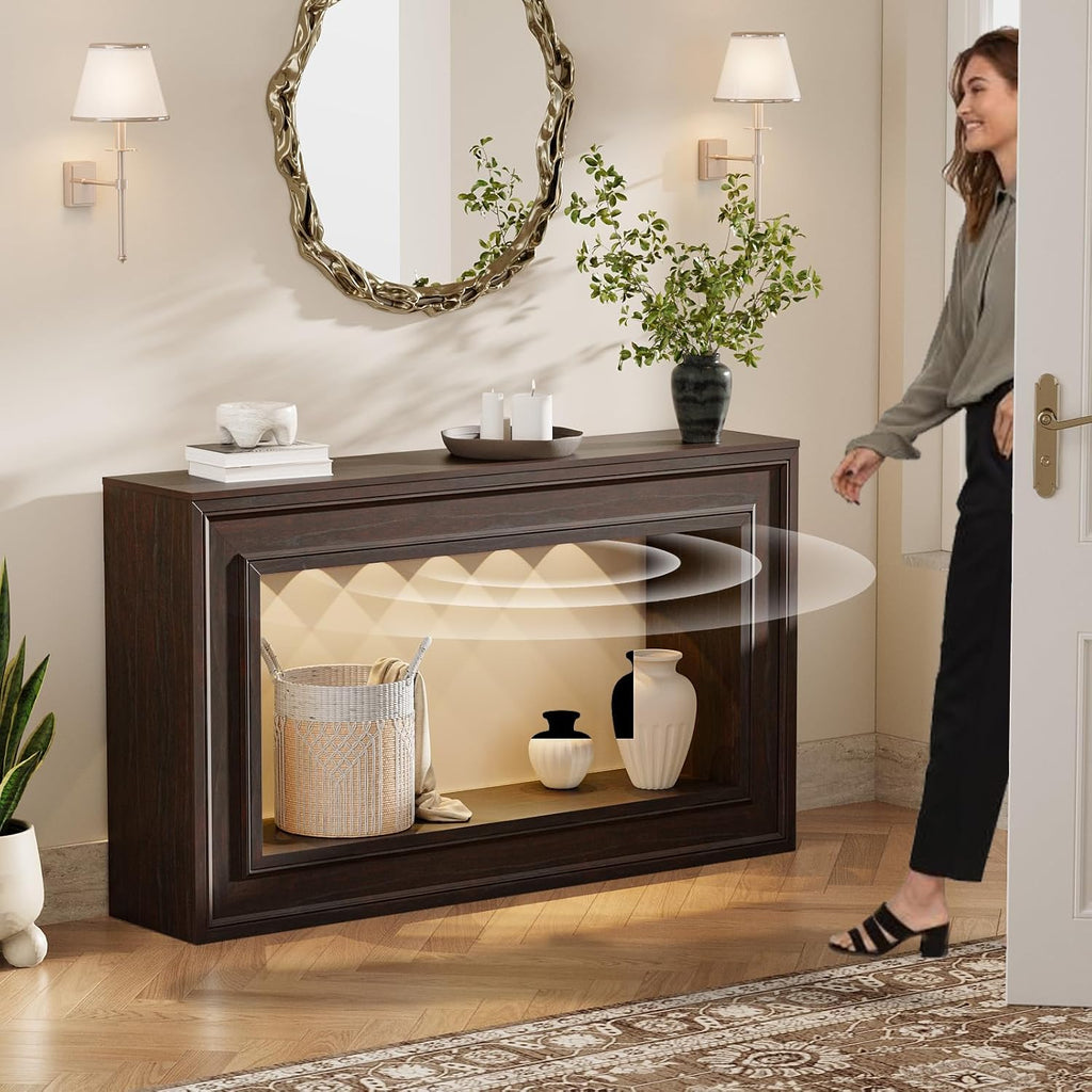 Rresyet Entryway Console Table 55" Long Narrow with LED Lights & Storage, 2-Tier Sofa Table, Farmhouse Cherry Accent for Hallway & Living Room, Space-Saving and Sturdy