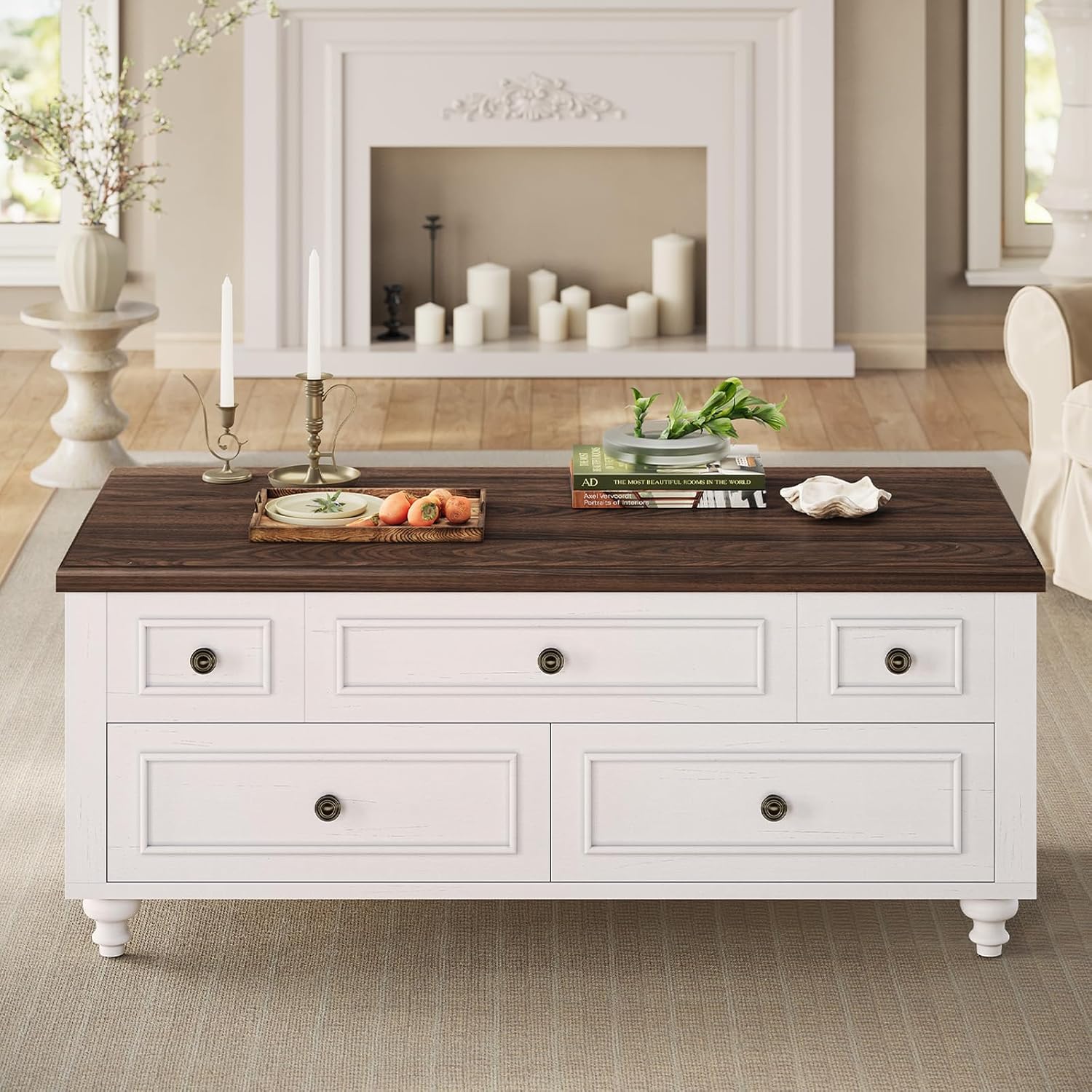 47.2" Lift Top Coffee Table with Storage, Farmhouse Coffee Table with Large Hidden Storage Compartment and 4 Drawers, Square Coffee Tables for Living Room, White