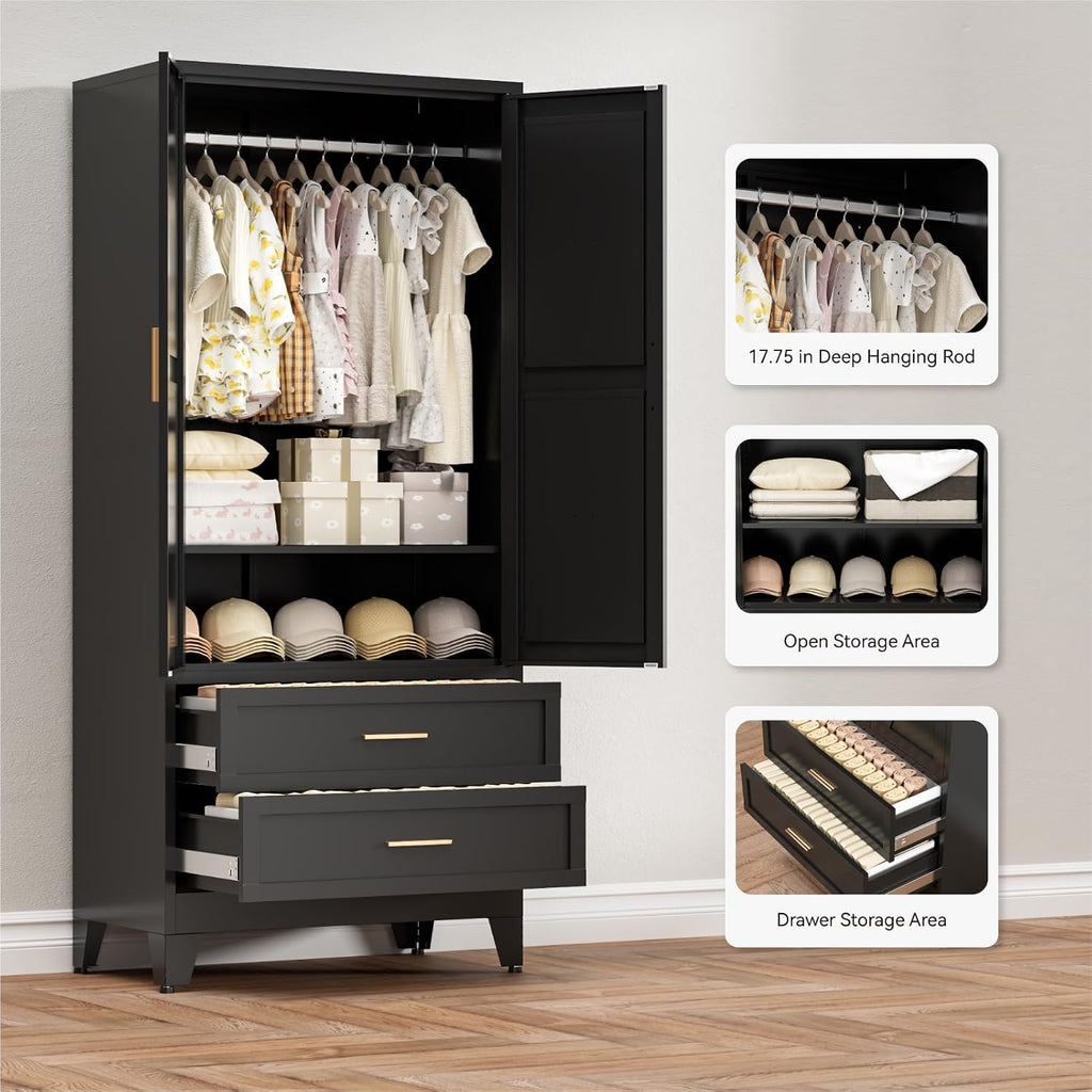 COFaR Armoire Wardrobe Closet with Drawers & Hanging Rod, 71'' Metal Wardrobe Closet with Doors & Adjustable Shelf, Farmhouse Wardrobe Cabinet for Bedroom Home Office Garage, Black