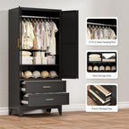 COFaR Armoire Wardrobe Closet with Drawers & Hanging Rod, 71'' Metal Wardrobe Closet with Doors & Adjustable Shelf, Farmhouse Wardrobe Cabinet for Bedroom Home Office Garage, Black