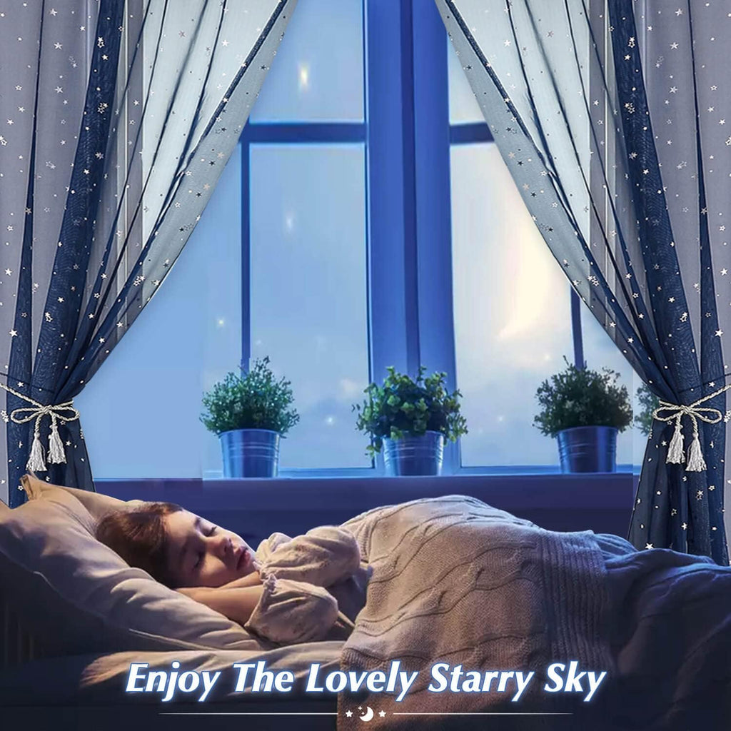 WUBODTI Navy Blue Voile Curtains 84 Inches Long 2 Panels, Rod Pocket Semi Sheer Kids Curtain for Boys Bedroom Living Room,Galaxy Starry Tulle Window Treatments Star Wars Room Decor