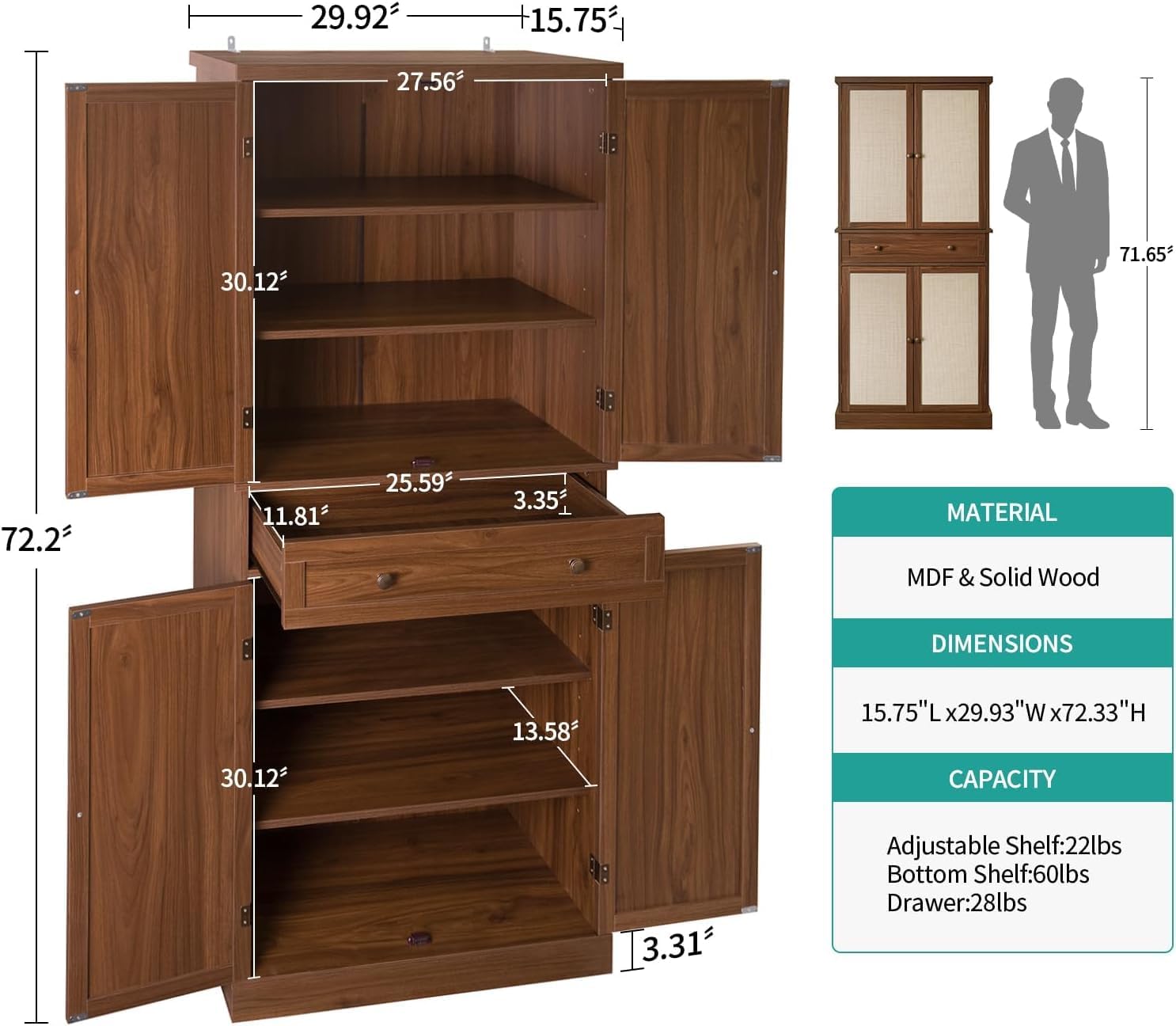 72.2” Tall Kitchen Pantry Cabinet with Rattan Doors, Walnut Freestanding Storage Hutch with 4 Adjustable Shelves and Drawer, Farmhouse Wood Cupboard for Dining Room & Living Room, 180° Hinges
