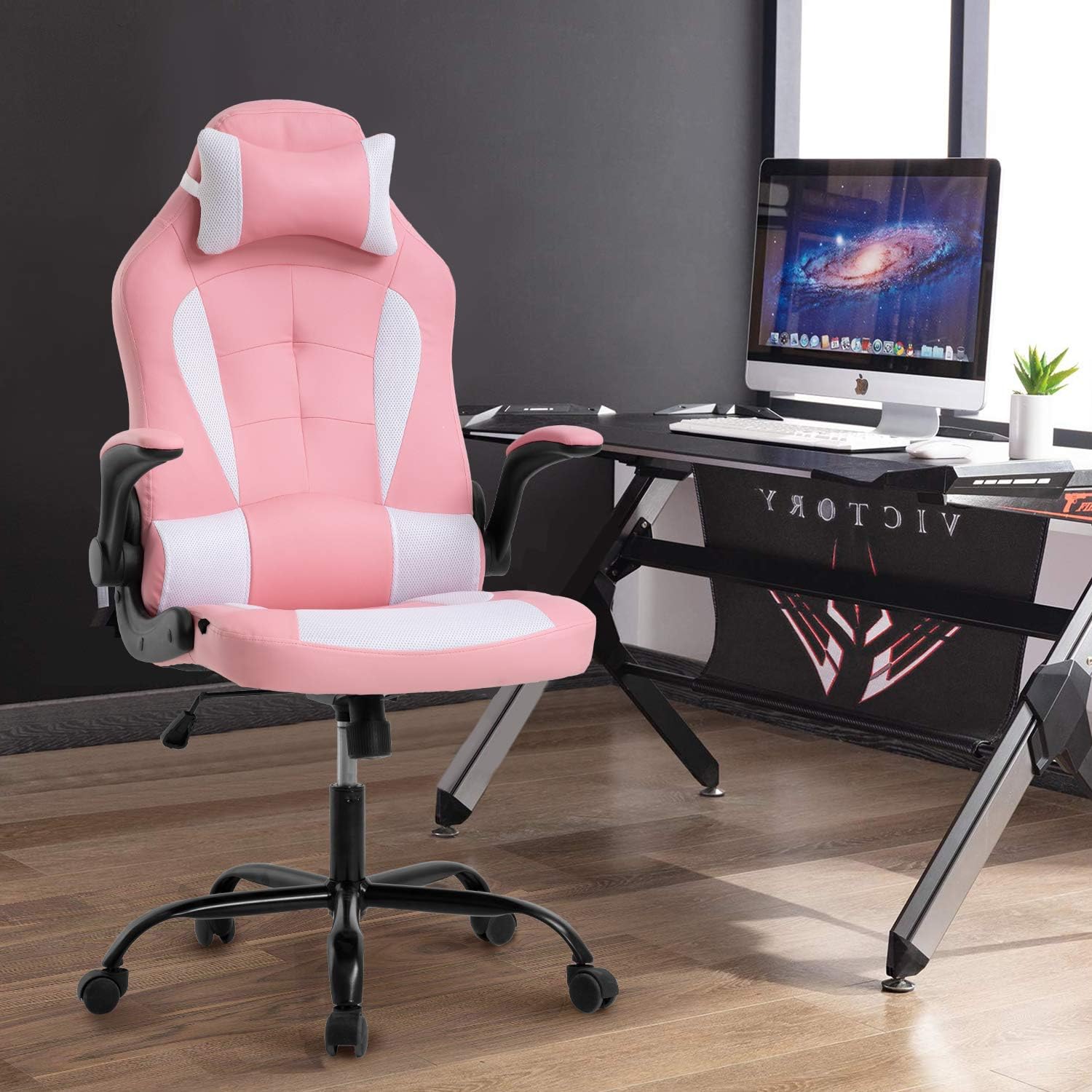 PC Gaming Chair Video Game Chair， Racing Style Office High Back Desk Executive PU Leather Rolling Task Swivel Computer with Lumbar Support Headrest,Pink