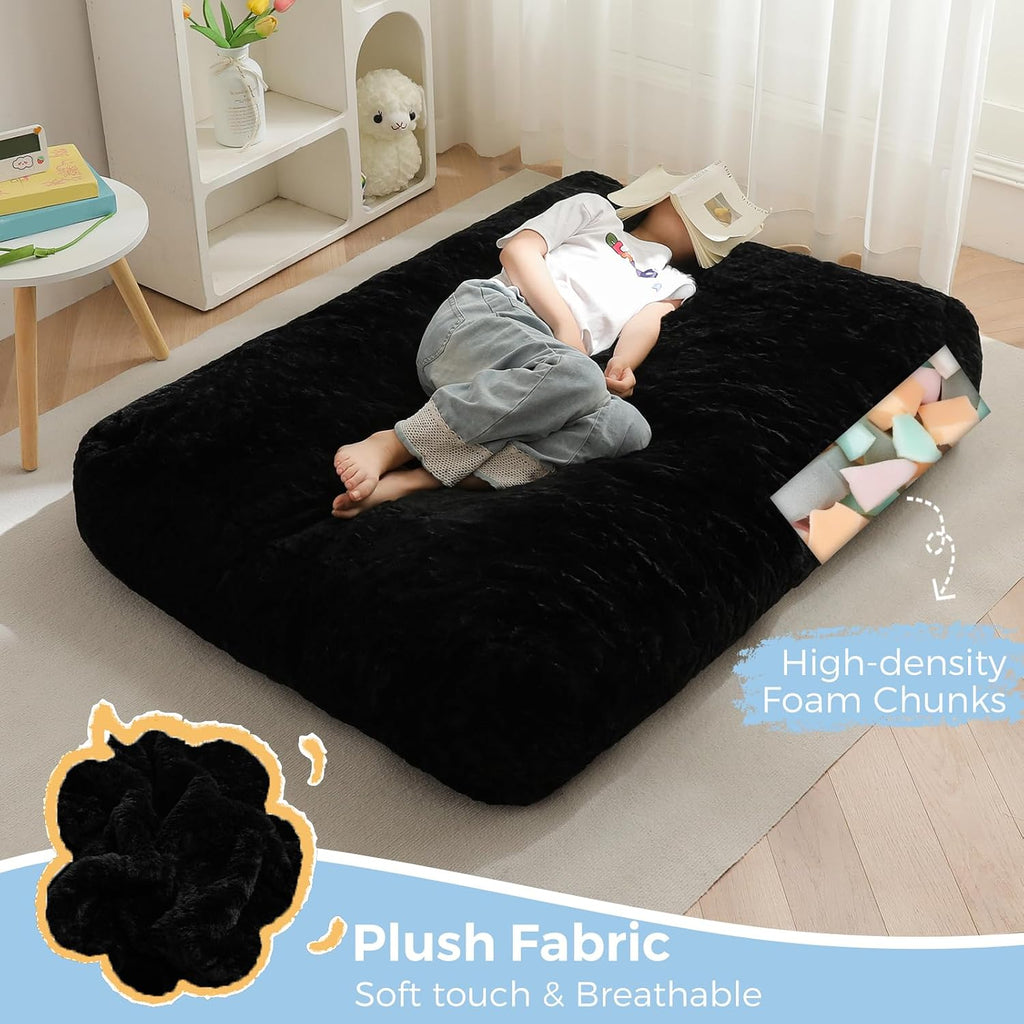 MAXYOYO Bean Bag Chair Bed for Kids, Convertible Bean Bag Folds from Lazy Chair to Floor Bed, Stuffed Floor Sofa Couch Sofa Bed for Boys and Girls, High-Density Foam Filling, Black