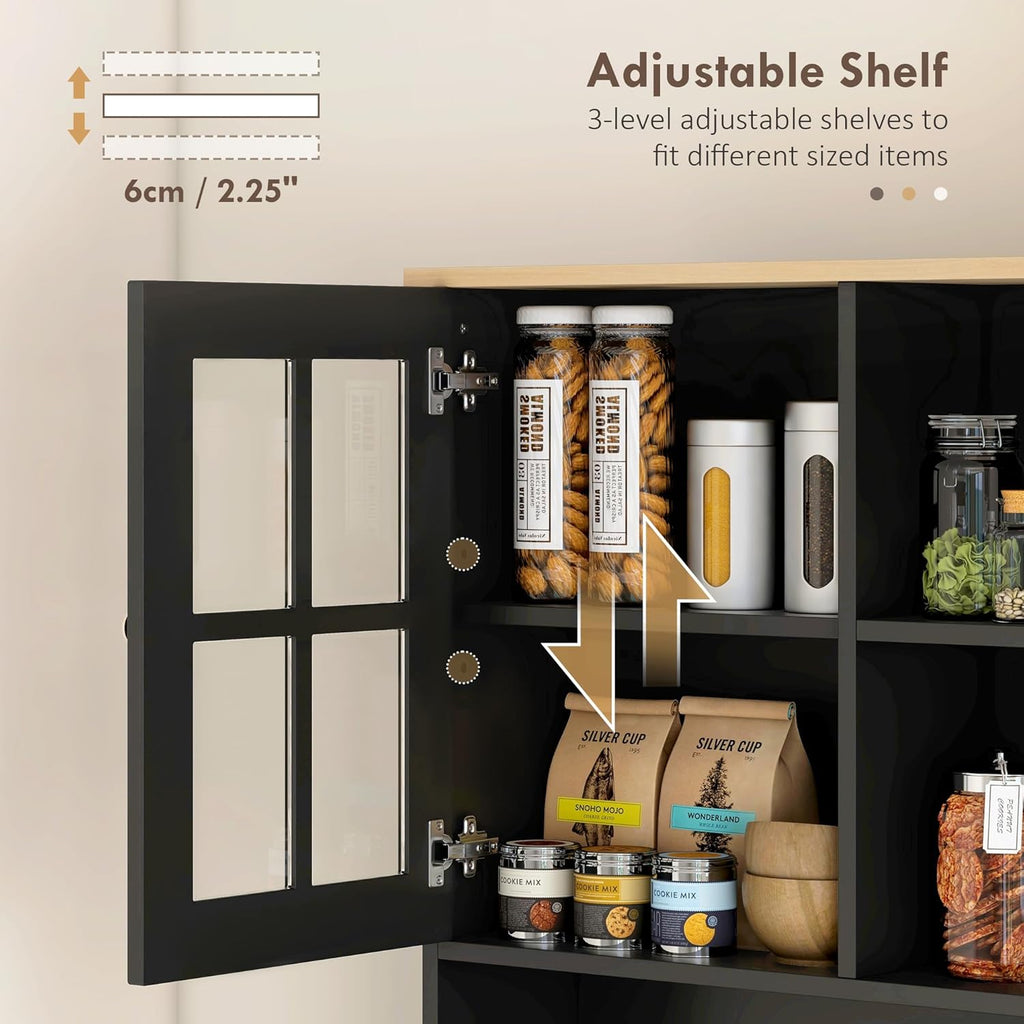 HOMCOM Kitchen Pantry Storage Cabinet, 72" Freestanding Cabinet with Hutch, Large Countertop, Glass Doors and Adjustable Shelves for Dining Room, Black