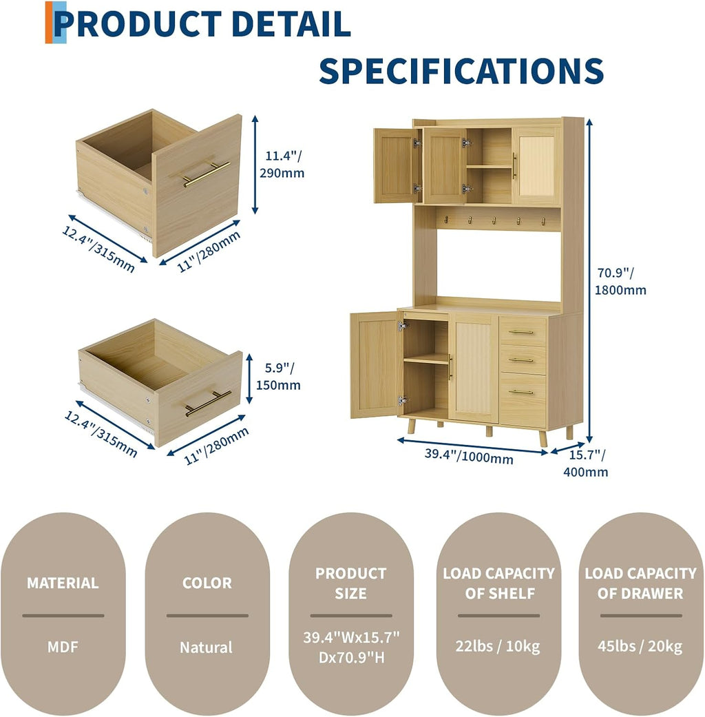 71" Tall Kitchen Pantry Cabinet, Freestanding Rattan Boho Hutch with Microwave Shelf, 3 Drawers & 6 Hooks for Kitchen, Living & Dining Room Storage-Natural