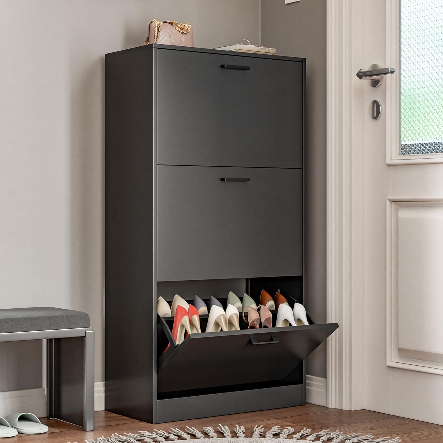 Shoe Cabinet with 3 Flip Drawers, Narrow Freestanding Shoe Organizer, Hidden Slim Shoe Storage Cabinet for Entryway, Hallway, Living Room, Black