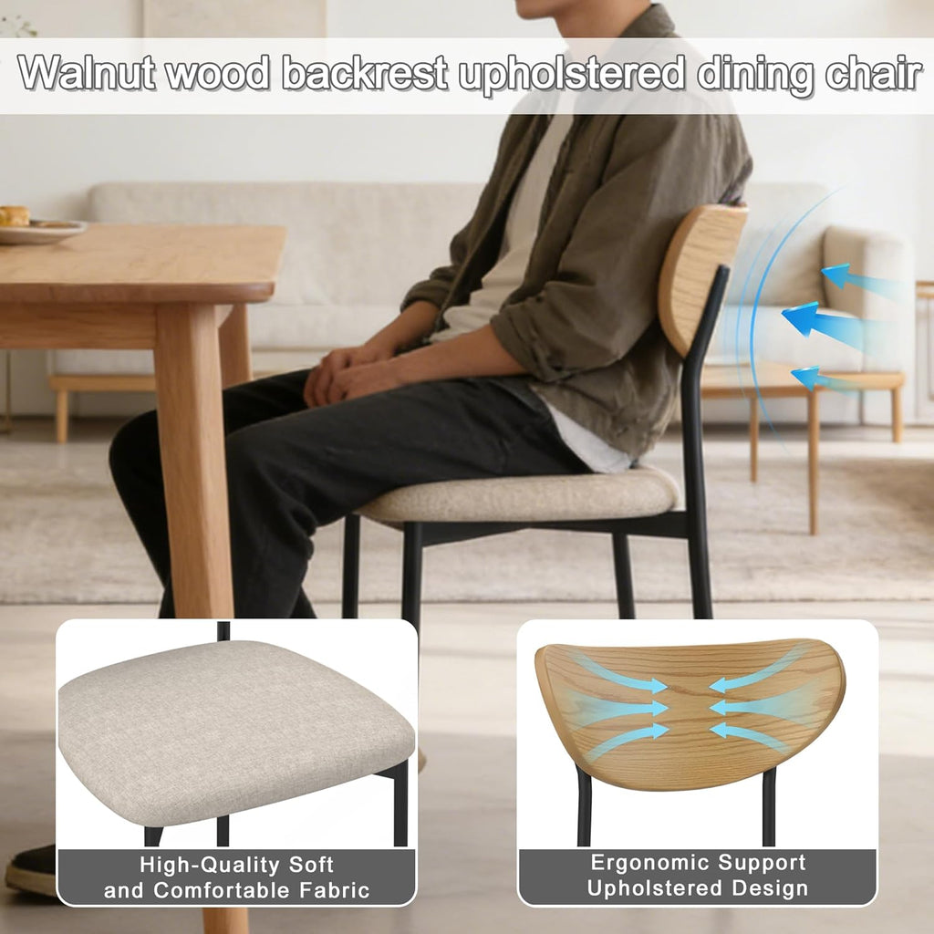 Beige Dining Chairs Set of 4, Upholstered Modern Kitchen Chairs Dining Room Chairs with Wood Curved Backrest & Metal Legs