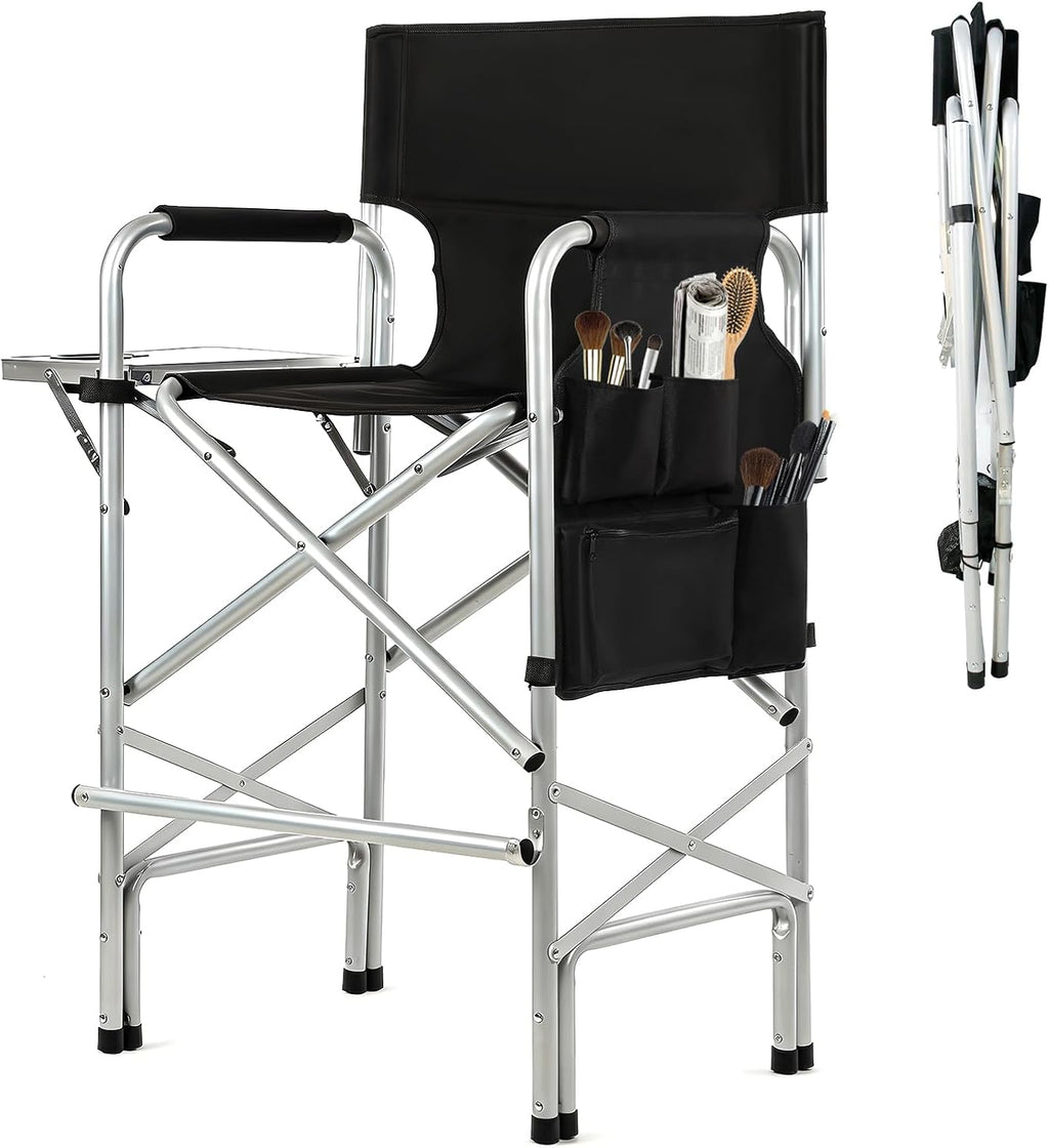 Makeup Chair for Makeup Artist 45.6'', Tall Directors Chairs Foldable for Clients with Side Table Cup Holder Storage Bag and Footrest, Folding Chair 400lbs Capacity Black
