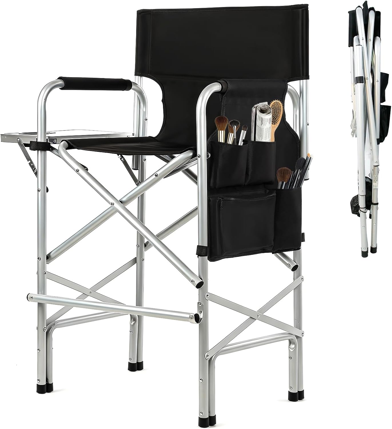 Makeup Chair for Makeup Artist 45.6'', Tall Directors Chairs Foldable for Clients with Side Table Cup Holder Storage Bag and Footrest, Folding Chair 400lbs Capacity Black