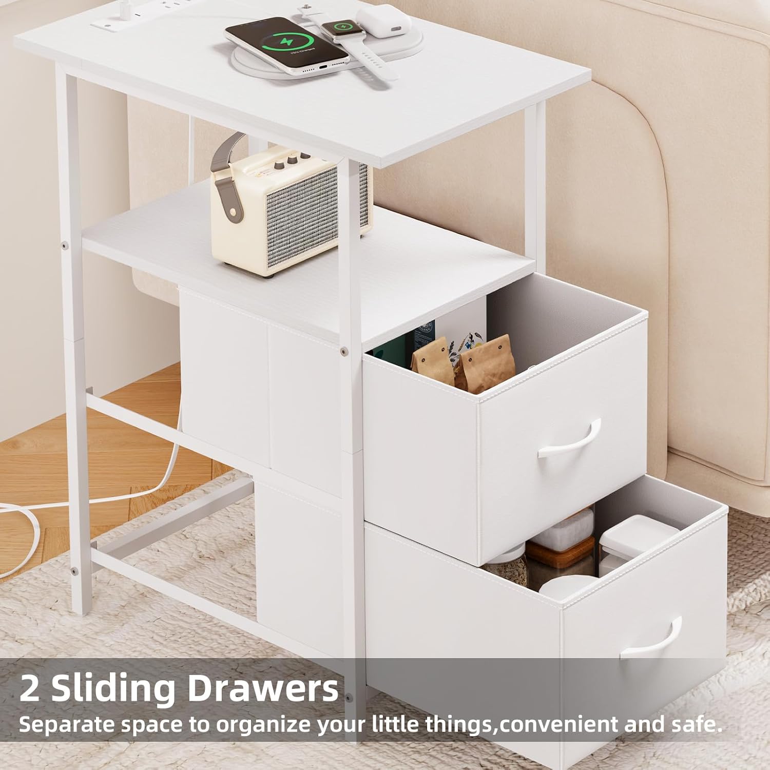 Somdot End Table with Charging Station, Narrow Side Table with 2 Fabric Drawers, Skinny Nightstand with Storage, Small Slim Bedside Table for Living Room, Sofa, Bedroom, Couch, White Leather