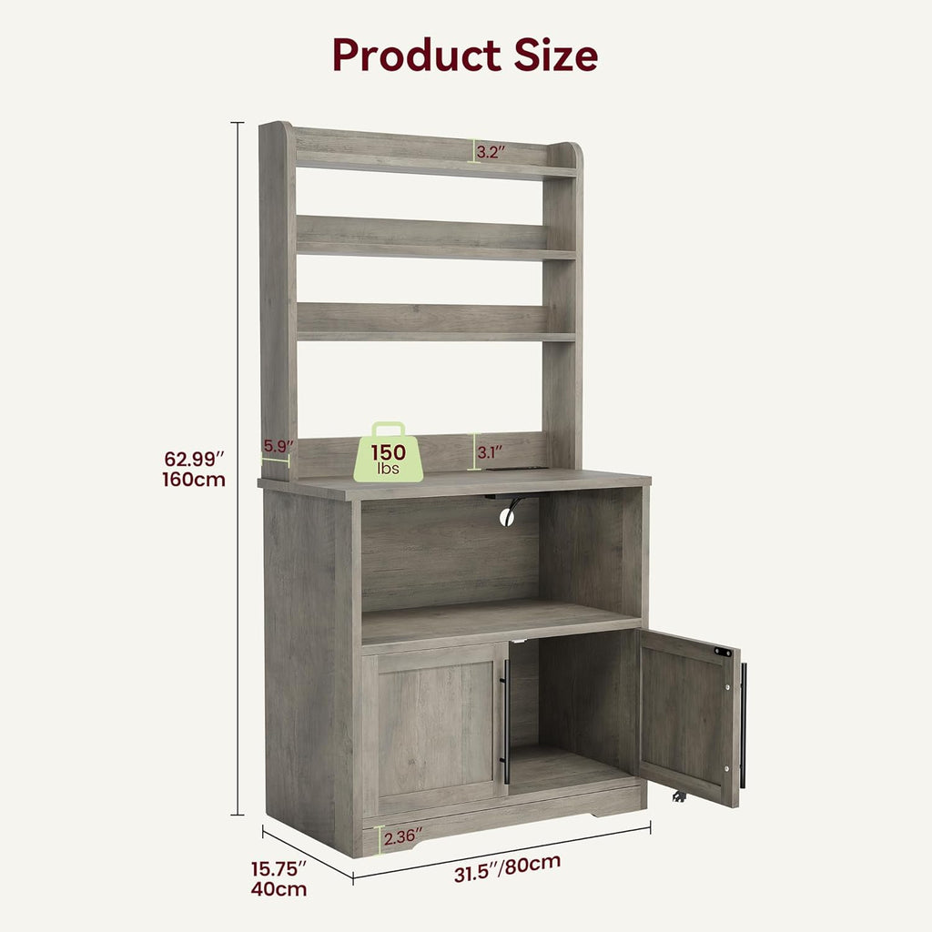 Takywep Kitchen Bakers Rack with Power Outlet, Microwave Oven Stand with Operation Table, Tall Versatile Storage Shelf with Cabinet, Coffee Bar Cabinet for Dining Room, Kitchen, Gray