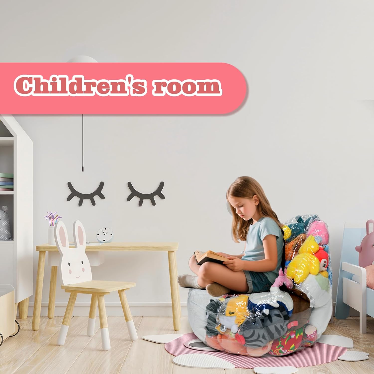 Bean Bag Chair Cover for Clear Stuffed Animal Chair Storage — Extra Large 150L Toy Organizer for Kids, Waterproof Easy-Clean Plush Toy Holder Seat (Cover Only, No Filler Included)