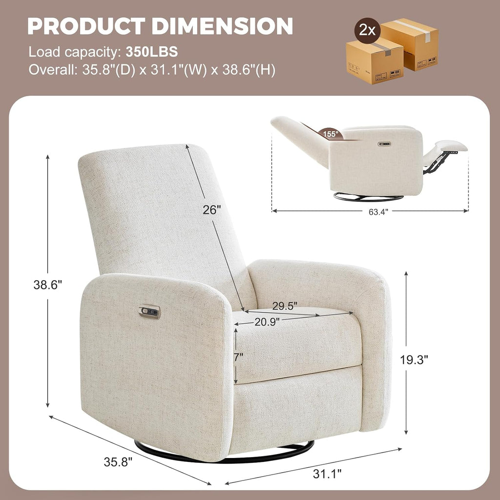 Power Recliner Chair, Swivel Rocker Recliner with USB A/C Charging Ports & Smooth Swivel Motion, Chenille Upholstered Rocking Chair for Nursery,Living Room, Bedroom, 1PC, Cream