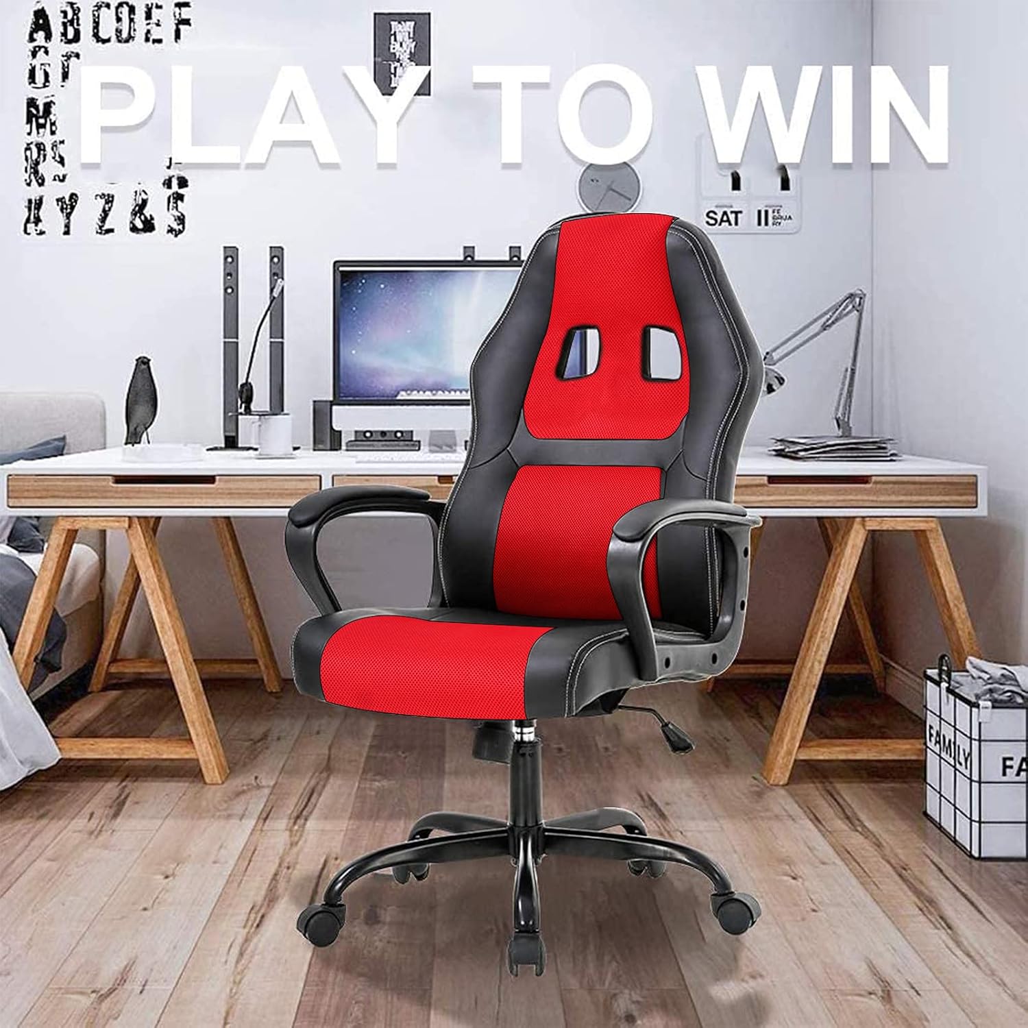 Gaming Chair Office Chair Ergonomic Video Game Chairs Adjustable Reclining Computer Chair with Lumbar Support Armrest Headrest Task Rolling Swivel Chair Game Chair for Adult Teen, Red