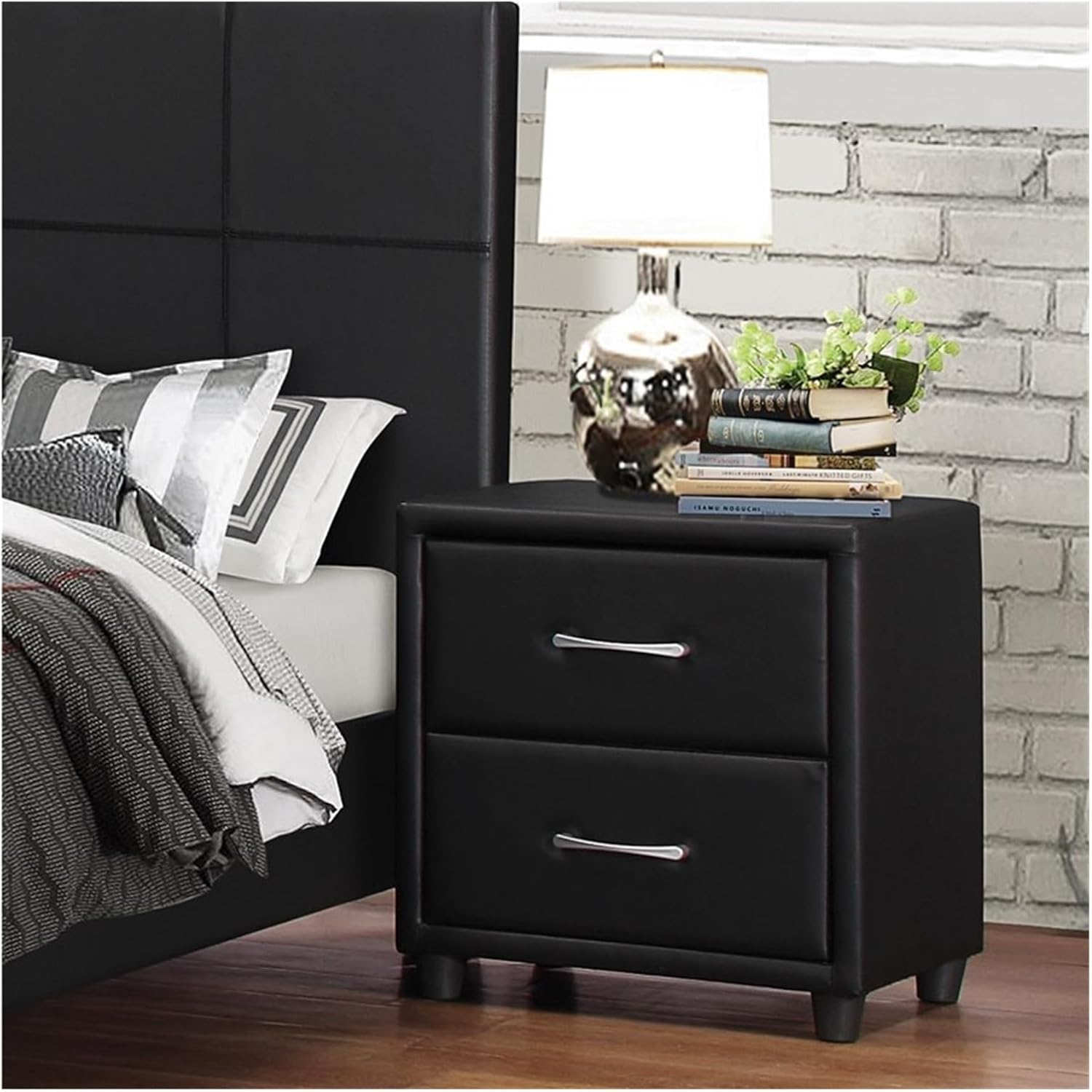 Contemporary Durable Faux Leather Covering Nightstand of Drawers Silver Tone Bar Pulls Stylish Furniture,for Small Spaces