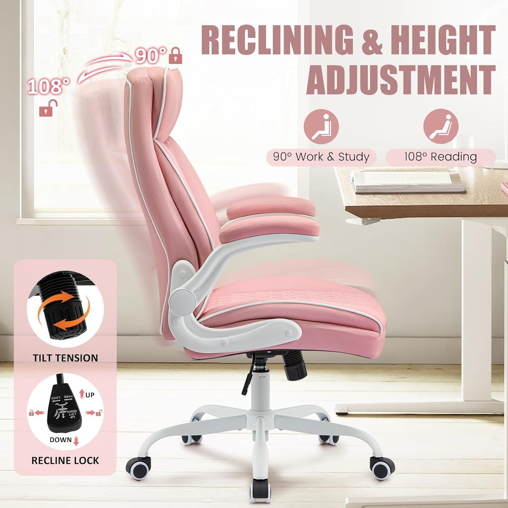 Leather Office Chair, Computer Desk Chair with Lumbar Support,Height Adjustment, Comfortable Excutive Task Chairs 400lbs with Padded Flip-up Armrests, Pink