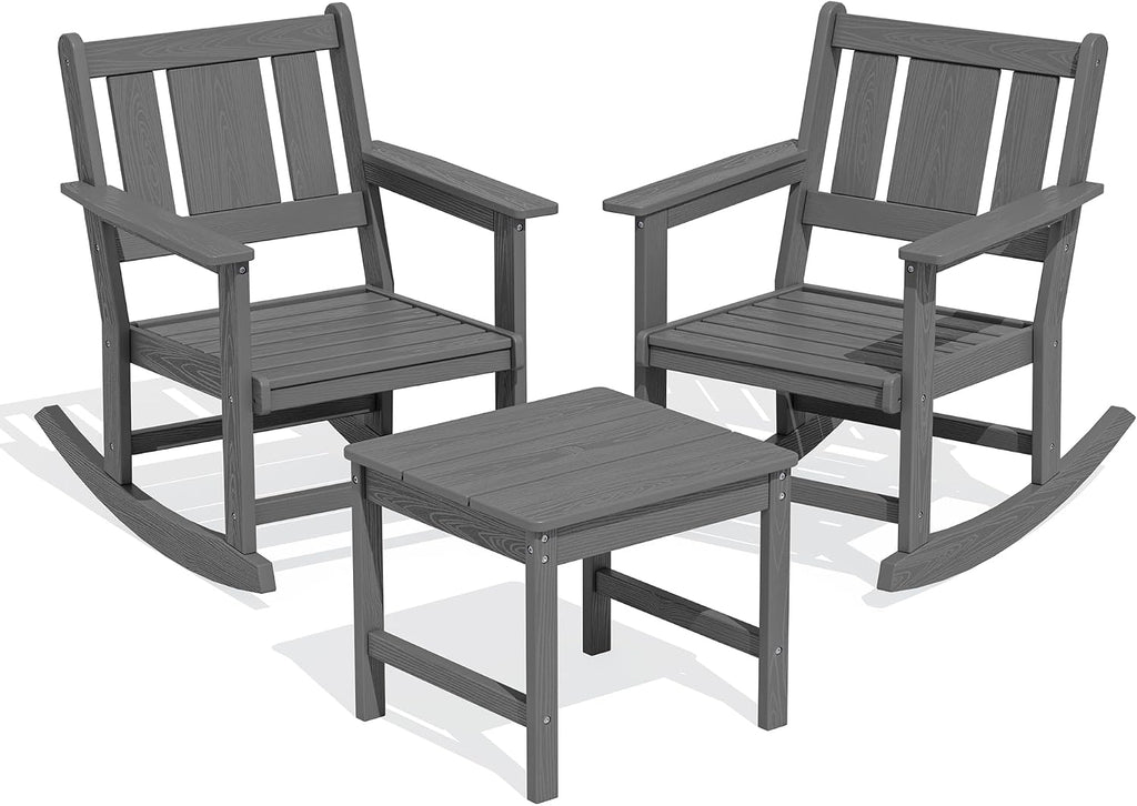 SERWALL Outdoor Rocking Chair Set of 2 with Side Table, All-Weather HDPE 3 Piece Patio Furniture Set, Outdoor Bistro Set with Pre-Drilled Hole for Porch Deck Lawn Balcony, Grey