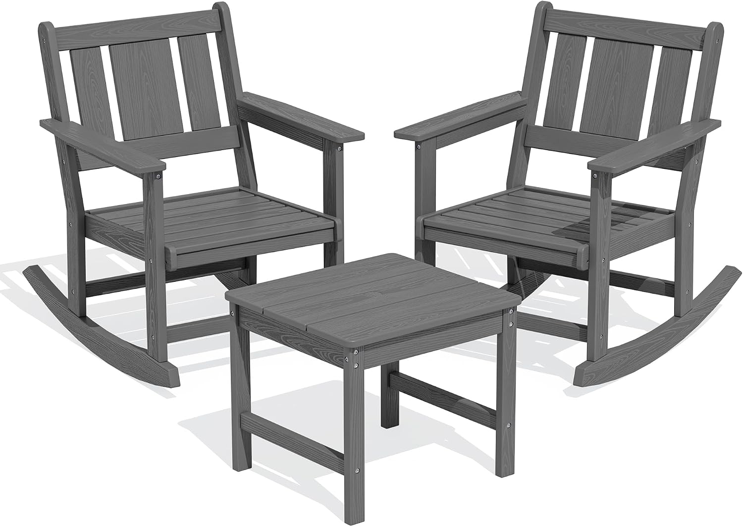 SERWALL Outdoor Rocking Chair Set of 2 with Side Table, All-Weather HDPE 3 Piece Patio Furniture Set, Outdoor Bistro Set with Pre-Drilled Hole for Porch Deck Lawn Balcony, Grey
