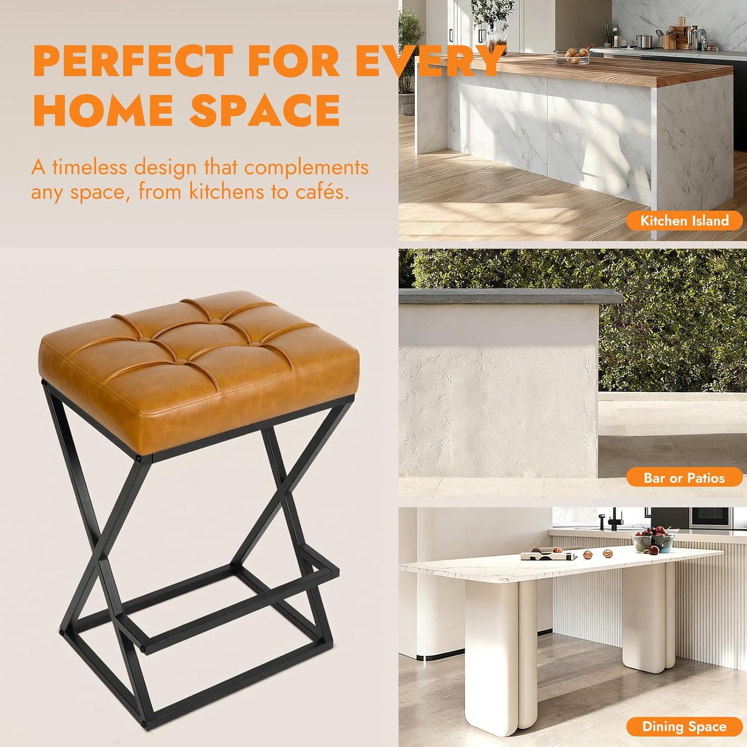 26 Inch Counter Height Bar Stools Set of 2, Backless Bar Stools for Kitchen Island, Faux Leather Upholstered Seat Modern Counter Stools with X-Frame Metal Legs and Footrest Walnut Brown