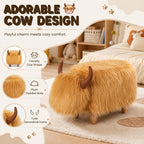 Cow Storage Ottoman, Shorthorn Dairy Cow Footstool with Storage, Animal Shaped Stool with Wooden Legs, Faux Suede Foot Rest for Living Room, Kids Bedroom Nursery Seat (Brown1)