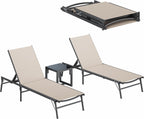 UDPATIO 3pcs Patio Lounge Chair Sets with Side Table Foldable Outdoor Chaise Lounge No Assembly