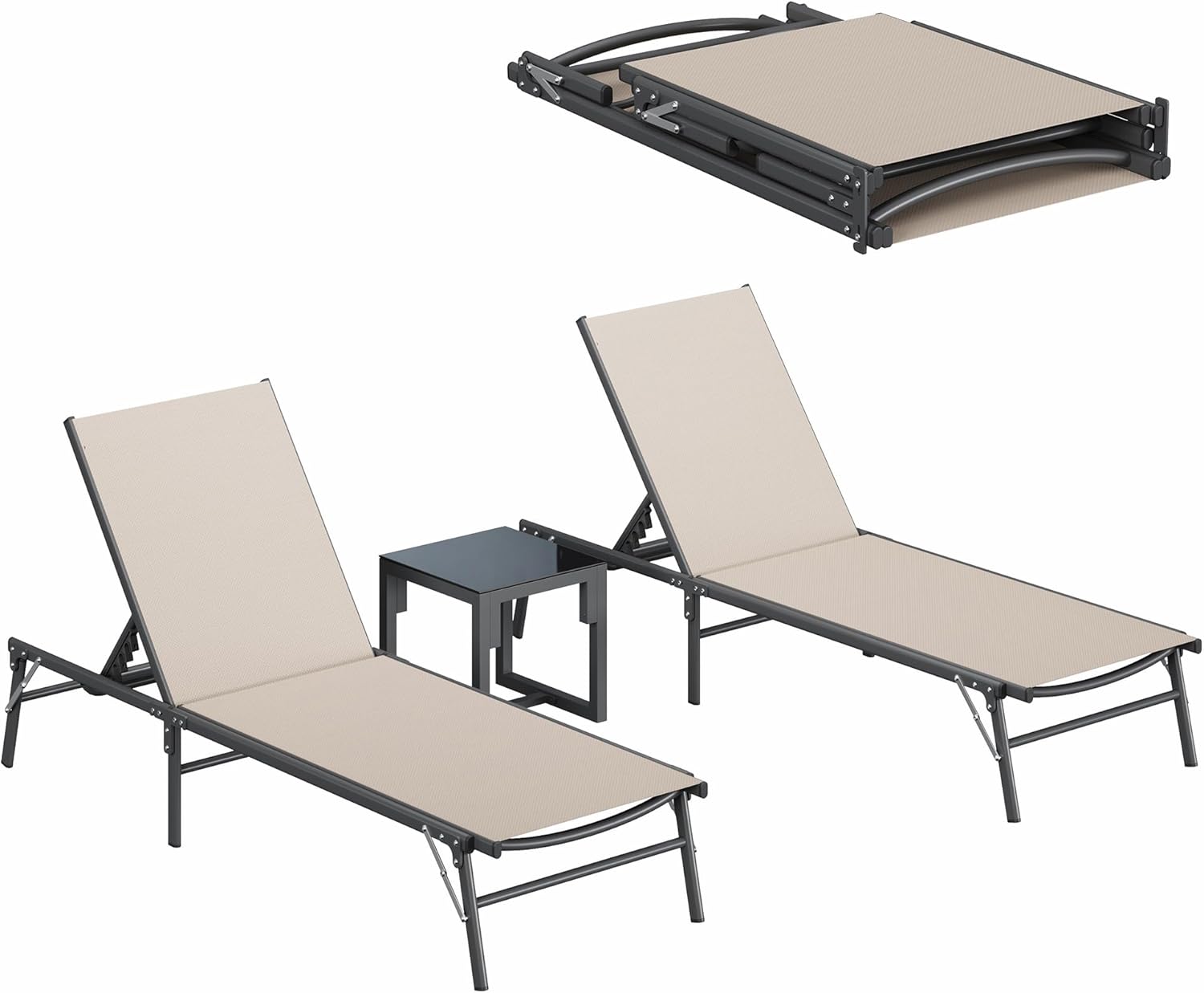 UDPATIO 3pcs Patio Lounge Chair Sets with Side Table Foldable Outdoor Chaise Lounge No Assembly