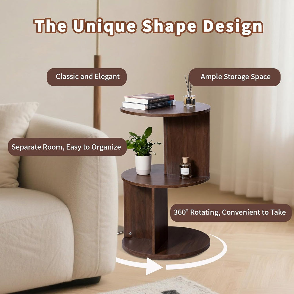 Wood 2-Tier 360° Rotating Bookshelf, Narrow Corner Bookcase & Accent Table, Floor Standing Storage Rack for Kids Bedroom Living Room, Space Saving