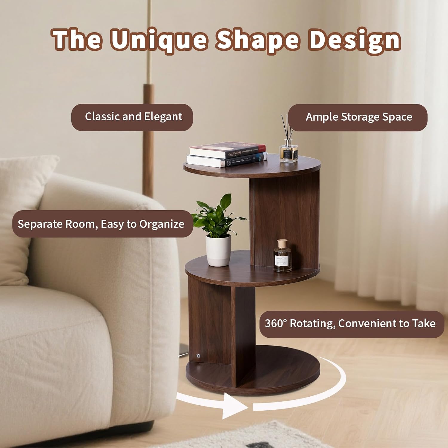 Wood 2-Tier 360° Rotating Bookshelf, Narrow Corner Bookcase & Accent Table, Floor Standing Storage Rack for Kids Bedroom Living Room, Space Saving