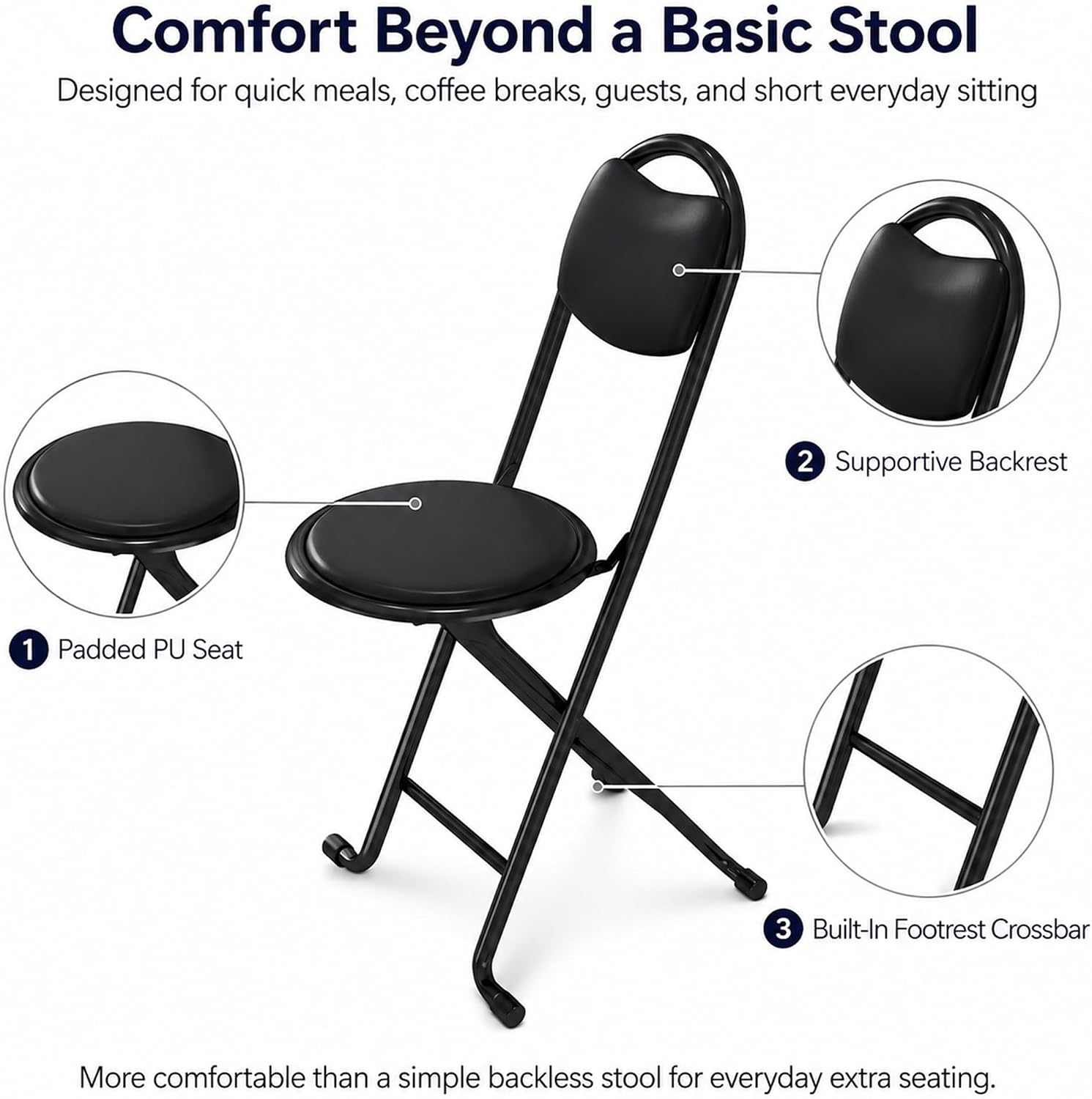 2 Pack Folding Stool with Back, 17 Inch Small Folding Chair, Black Stool with Padded PU Seat, Portable Foldable Stool Chair for Kitchen, Camping, Outdoor, Extra Seating, Black