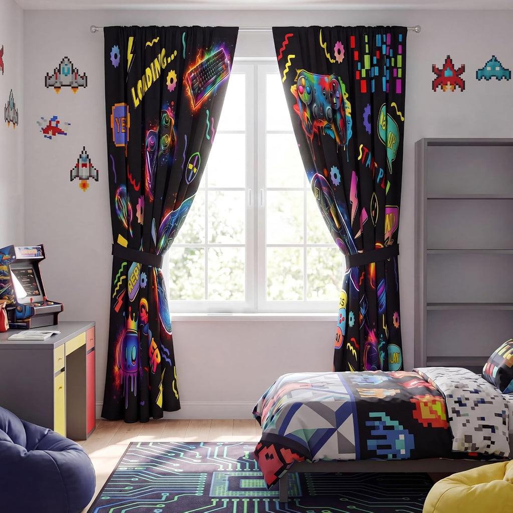 Peryiter Games Curtain Bedroom Room Decor Neon Gamer Curtain with 2 Tiebacks 42 x 84 Inch Thermal Insulated Window Drapes for Bathroom Nursery Home Decoration, 2 Panels
