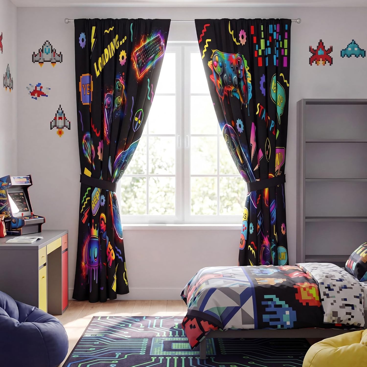 Peryiter Games Curtain Bedroom Room Decor Neon Gamer Curtain with 2 Tiebacks 42 x 84 Inch Thermal Insulated Window Drapes for Bathroom Nursery Home Decoration, 2 Panels