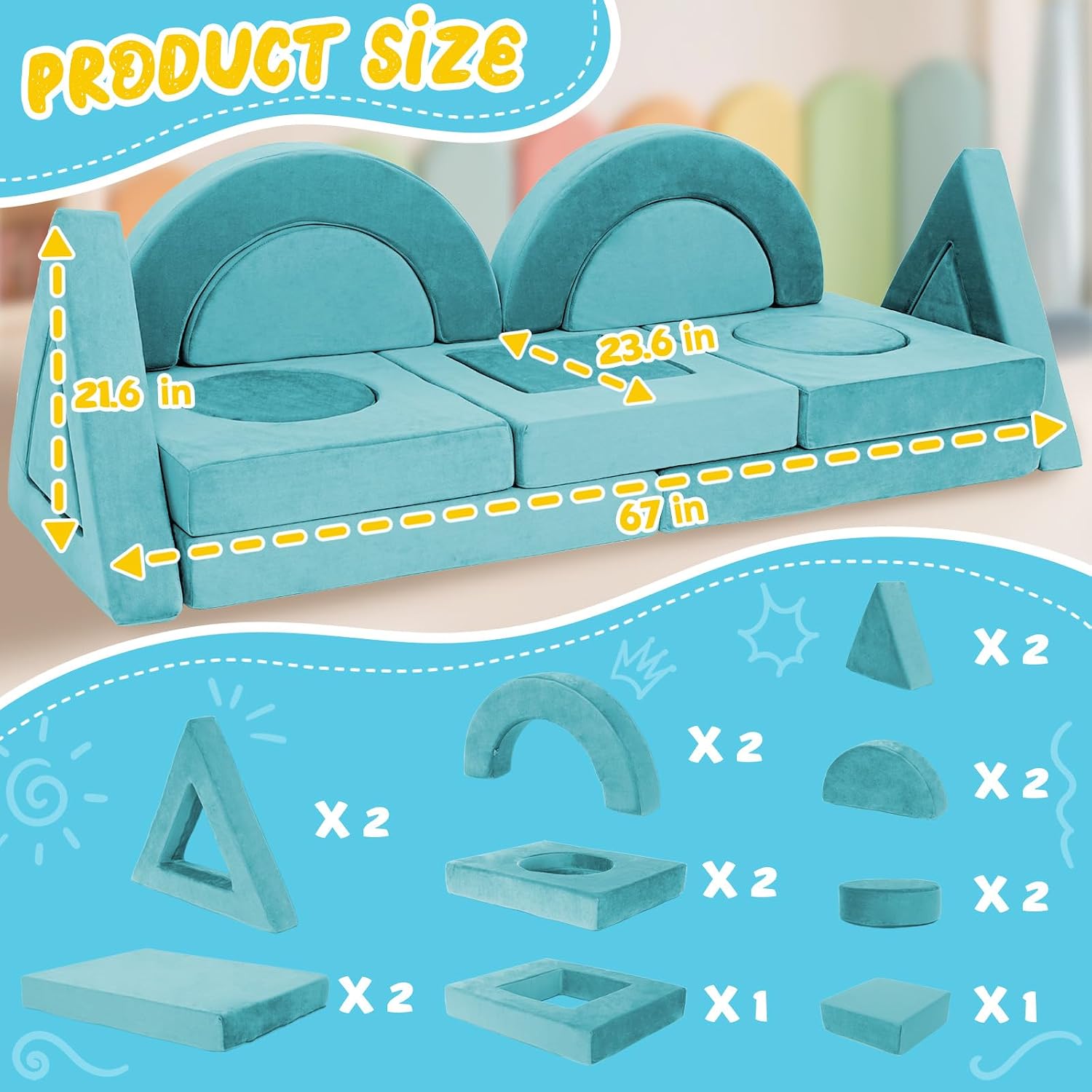 16PCS Modular Kids Play Couch Versatile Toddler Sofa Bed with Washable Covers Convertible Foam Sofa for Playroom Bedroom Creative Fort Building Set for Boys & Girls (Cyan)