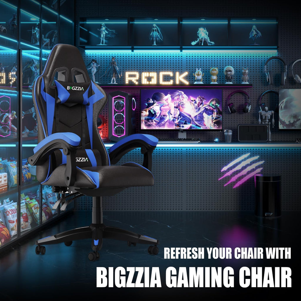 Bigzzia Gaming Chair, Computer Game Chair with Lumbar Support, Comfortable Video Game Chairs for Adults Kids, Racing Style Gamer Chair with 360°-Swivel Seat and Headrest（Blue）