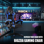 Bigzzia Gaming Chair, Computer Game Chair with Lumbar Support, Comfortable Video Game Chairs for Adults Kids, Racing Style Gamer Chair with 360°-Swivel Seat and Headrest（Blue）